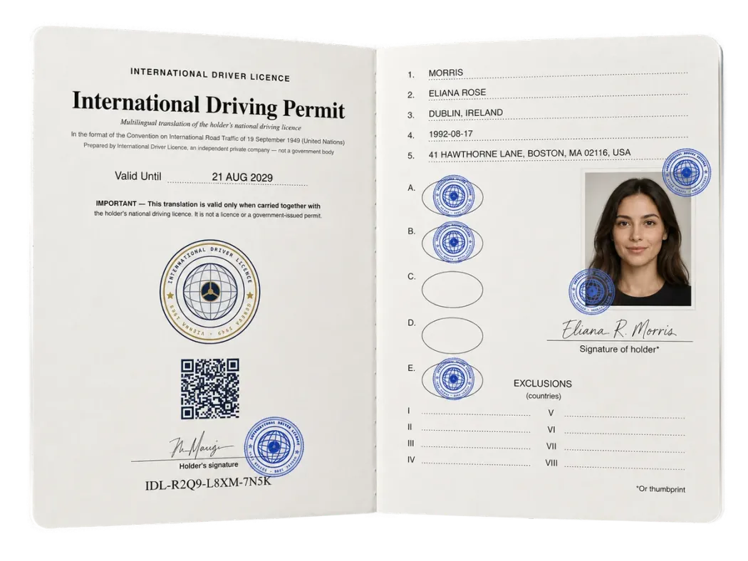 The open 16-page International Driving Permit booklet you receive, printed in 12 languages with your photo and licence particulars.